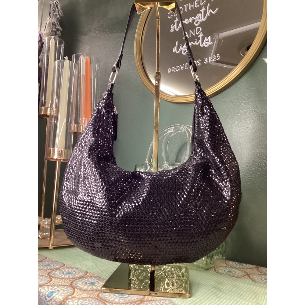 Giannini Black Sequin Hobo Shoulder Bag‎ with Scarf Accent Faux Leather Strap - Picture 3 of 6